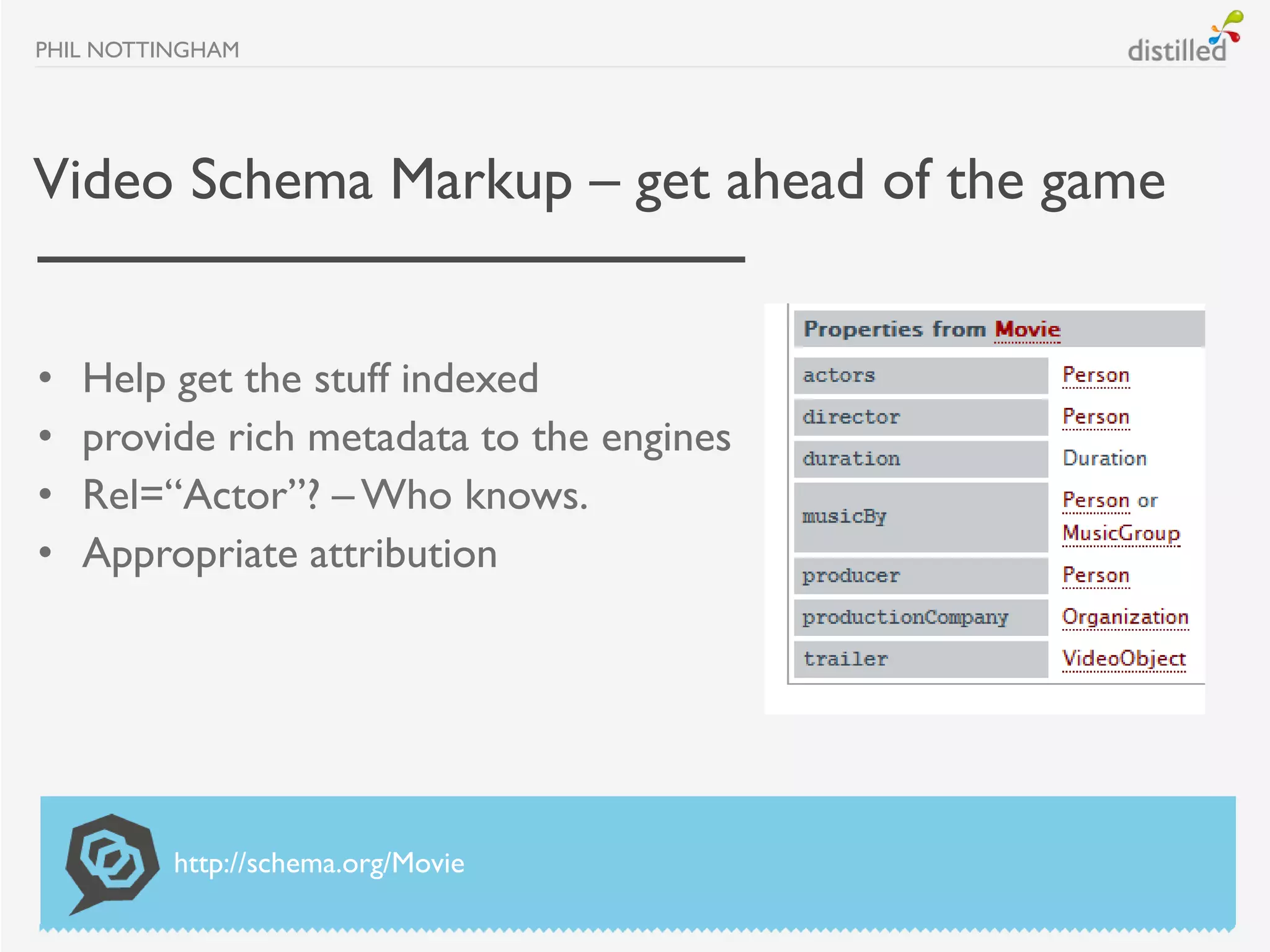 PHIL NOTTINGHAM




Video Schema Markup – get ahead of the game


•   Help get the stuff indexed
•   provide rich metadata to the engines
•   Rel=“Actor”? – Who knows.
•   Appropriate attribution




          http://schema.org/Movie
 