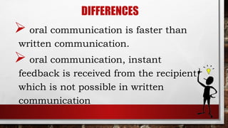 DIFFERENCES
 oral communication is faster than
written communication.
 oral communication, instant
feedback is received from the recipient
which is not possible in written
communication
 