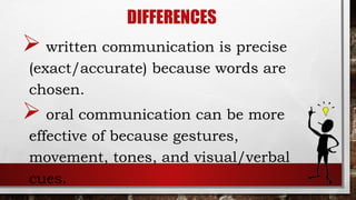 DIFFERENCES
 written communication is precise
(exact/accurate) because words are
chosen.
 oral communication can be more
effective of because gestures,
movement, tones, and visual/verbal
cues.
 