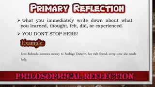  what you immediately write down about what
you learned, thought, felt, did, or experienced.
 YOU DON’T STOP HERE!
Leni Robredo borrows money to Rodrigo Duterte, her rich friend, every time she needs
help.
 