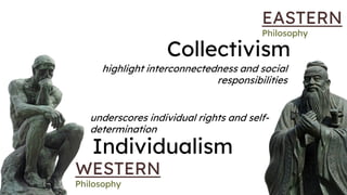 EASTERN
Philosophy
WESTERN
Philosophy
Individualism
Collectivism
underscores individual rights and self-
determination
highlight interconnectedness and social
responsibilities
 