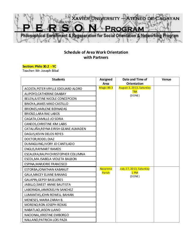 Philo 30.2 YC orientation schedule