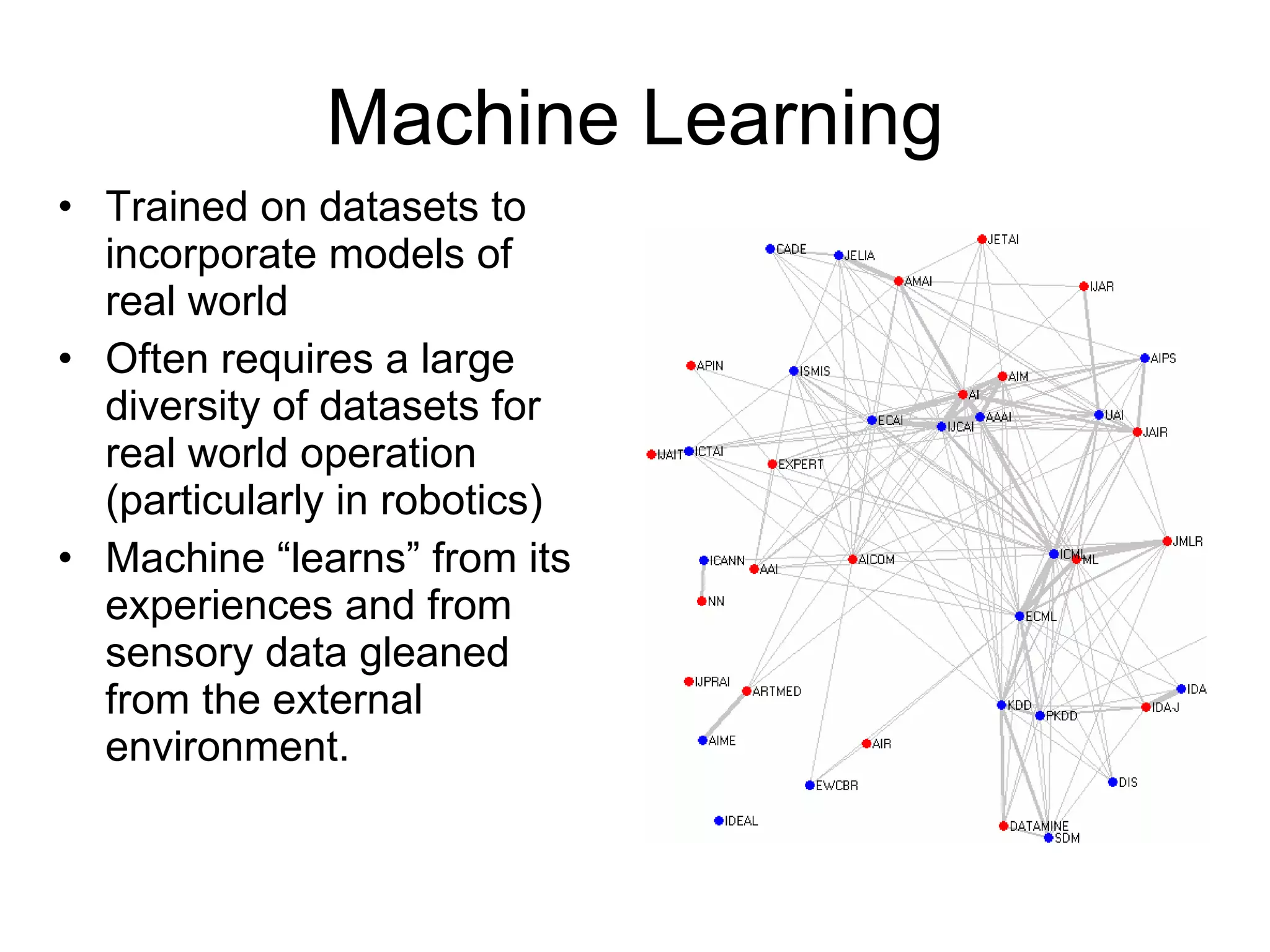 Machine Learning Trained on datasets to incorporate models of real world Often requires a large diversity of datasets for real world operation (particularly in robotics) Machine “learns” from its experiences and from sensory data gleaned from the external environment. 