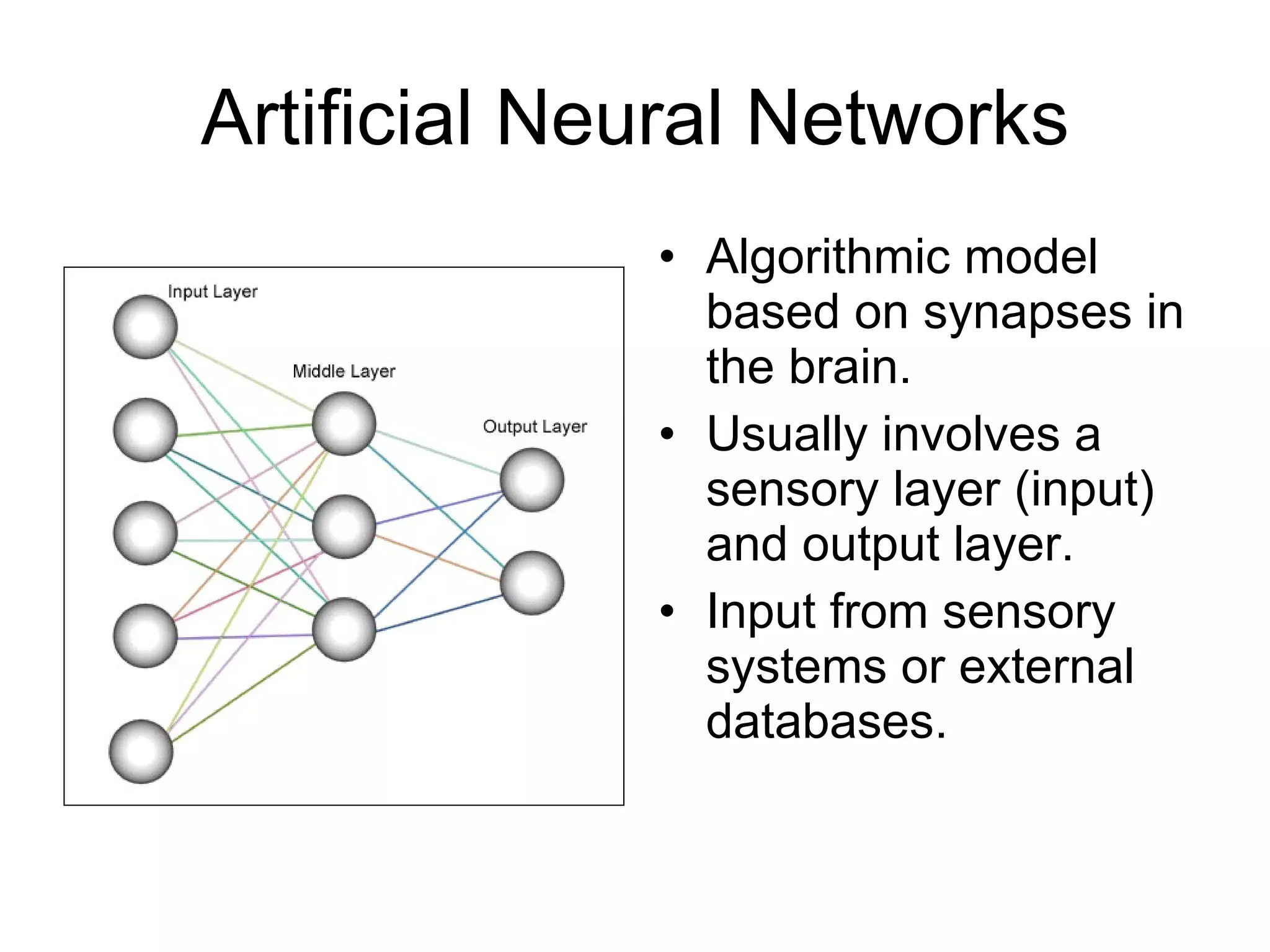 Artificial Neural Networks Algorithmic model based on synapses in the brain. Usually involves a sensory layer (input) and output layer. Input from sensory systems or external databases. 