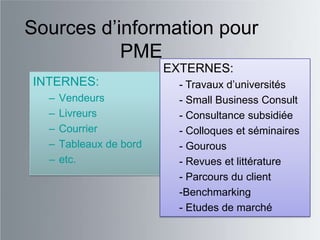 Sources d‟information pour
           PME
                         EXTERNES:
INTERNES:                  - Travaux d‟universités
  –   Vendeurs             - Small Business Consult
  –   Livreurs             - Consultance subsidiée
  –   Courrier             - Colloques et séminaires
  –   Tableaux de bord     - Gourous
  –   etc.                 - Revues et littérature
                           - Parcours du client
                           -Benchmarking
                           - Etudes de marché
 