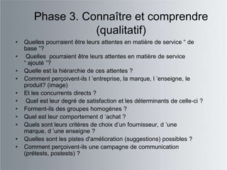 Phase 3. Connaître et comprendre
                  (qualitatif)
•   Quelles pourraient être leurs attentes en matière de service “ de
    base ”?
•    Quelles pourraient être leurs attentes en matière de service
    “ ajouté ”?
•   Quelle est la hiérarchie de ces attentes ?
•   Comment perçoivent-ils l ‟entreprise, la marque, l ‟enseigne, le
    produit? (image)
•   Et les concurrents directs ?
•    Quel est leur degré de satisfaction et les déterminants de celle-ci ?
•   Forment-ils des groupes homogènes ?
•   Quel est leur comportement d ‟achat ?
•   Quels sont leurs critères de choix d‟un fournisseur, d ‟une
    marque, d ‟une enseigne ?
•   Quelles sont les pistes d'amélioration (suggestions) possibles ?
•   Comment perçoivent-ils une campagne de communication
    (prétests, postests) ?
 