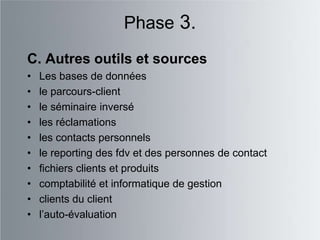 Phase 3.
C. Autres outils et sources
•   Les bases de données
•   le parcours-client
•   le séminaire inversé
•   les réclamations
•   les contacts personnels
•   le reporting des fdv et des personnes de contact
•   fichiers clients et produits
•   comptabilité et informatique de gestion
•   clients du client
•   l‟auto-évaluation
 