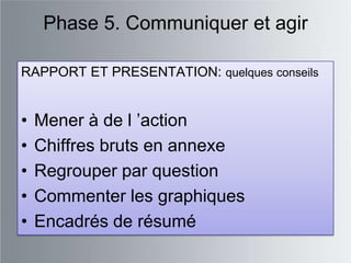 Phase 5. Communiquer et agir

RAPPORT ET PRESENTATION: quelques conseils


•   Mener à de l ‟action
•   Chiffres bruts en annexe
•   Regrouper par question
•   Commenter les graphiques
•   Encadrés de résumé
 