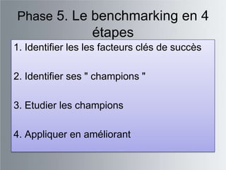 Phase 5. Le benchmarking en 4
                  étapes
1. Identifier les les facteurs clés de succès

2. Identifier ses " champions "

3. Etudier les champions

4. Appliquer en améliorant
 