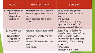 FALLACY Short Description Examples
5. Argumentum ad
Tradition
“Appeal to
Tradition”
Tradition means tradition.
Advancing an idea since it
has
been practice for a long
time.
All of us in the family,
from our ancestors up to
now,
are devout
Catholics, so it is only
right that you will be
baptized as a Catholic.
6. Argumentum
and
Ignorantiam
“Appeal to
Ignorance”
Ignorantiam a Latin word
for
ignorance. Whatever has
been
proven false must be true
and
vice versa
According to Zecharia
Sitchin, the author of the
book “Cosmic Code,
“Adam was the first test
tube baby. Since nobody
proves
otherwise,
therefore it is true.”
 