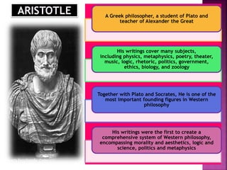 A Greek philosopher, a student of Plato and
teacher of Alexander the Great
His writings cover many subjects,
including phy...