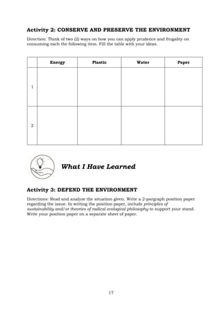 Activity 2: CONSERVE AND PRESERVE THE ENVIRONMENT
Direction: Think of two (2) ways on how you can apply prudence and frugality on
consuming each the following item. Fill the table with your ideas.
Energy Plastic Water Paper
1
2
What I Have Learned
Activity 3: DEFEND THE ENVIRONMENT
Directions: Read and analyze the situation given. Write a 2-pargraph position paper
regarding the issue. In writing the position paper, include principles of
sustainability and/or theories of radical ecological philosophy to support your stand.
Write your position paper on a separate sheet of paper.
17
 