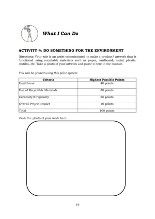 What I Can Do
ACTIVITY 4: DO SOMETHING FOR THE ENVIRONMENT
Directions: Your role is an artist commissioned to make a product/ artwork that is
functional using recyclable materials such as paper, cardboard, metal, plastic,
textiles, etc. Take a photo of your artwork and paste it here in the module.
You will be graded using this point system:
Criteria Highest Possible Points
Usefulness 40 points
Use of Recyclable Materials 30 points
Creativity/Originality 20 points
Overall Project Impact 10 points
Total 100 points
Paste the photo of your work here:
19
 