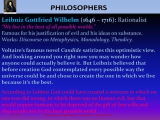 Thomas Hobbes (1588 – 1679): Political Philosopher“The life of man [is] solitary, poor, nasty, brutish, and short.” Referring to the original state of nature, a hypothetical past before civilization, Hobbes saw no reason to be nostalgic.Thomas Hobbes saw Society as a giant machine (perpetually in motion), thus the title of his great work, The Leviathan, which is founded on Mechanics (the Motion of Bodies / Matter). In Leviathan, Hobbes argues that the natural state of man (without any civil government) is war, ... “the life of man solitary, poor, nasty, brutish, and short. ... The condition of man ... is a condition of war of everyone against everyone.” (Hobbes, Leviathan)According to Hobbes - Men, In pure self-interest and for self-preservation, entered into a compact by which they agreed to surrender part of their natural freedom to an absolute ruler in order to preserve the rest.10PHILOSOPHERSPhilosophy and Philosophers - A summary  -  Riquette Mory10/4/2009