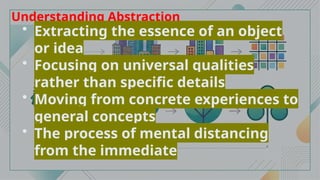 Understanding Abstraction
• Extracting the essence of an object
or idea
• Focusing on universal qualities
rather than specific details
• Moving from concrete experiences to
general concepts
• The process of mental distancing
from the immediate
 