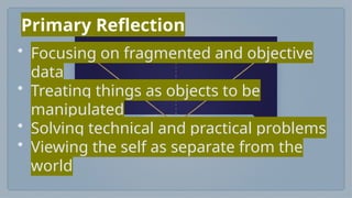 Primary Reflection
• Focusing on fragmented and objective
data
• Treating things as objects to be
manipulated
• Solving technical and practical problems
• Viewing the self as separate from the
world
 