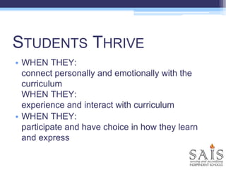 STUDENTS THRIVE
• WHEN THEY:
connect personally and emotionally with the
curriculum
WHEN THEY:
experience and interact with curriculum
• WHEN THEY:
participate and have choice in how they learn
and express
 