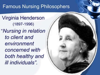 Famous Nursing Philosophers
Virginia Henderson
(1897-1996)
“Nursing in relation
to client and
environment
concerned with
both healthy and
ill individuals”.
 