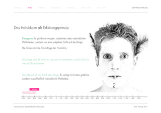 Einführung          Antike           Mittelalter       Renaissance      Aufklärung         1800 – 1950       1950 – heute                                STEPHANIE HARTUNG




Das Individuum als Erklärungsprinzip

             Protagoras Es gibt keine ewigen, objektiven oder verbindlichen
             Wahrheiten, sondern nur eine subjektive Sicht auf die Dinge.

             Die Sinne sind die Grundlage der Erkenntnis.



             Die Dinge sind für mich so, wie sie mir erscheinen, und für Dich so,
             wie sie Dir erscheinen.



             Der Mensch ist das Maß aller Dinge. Er verfügt nicht über göttliche
             sondern ausschließlich menschliche Maßstäbe.



                           Klassik

                Vorsokratiker


             -600   -500     -400    -300    -200   -100   -0   100   200   300      400   500   600   700   800   900      1000   1100   1200   1300   1400   1500




Geschichte der abendländischen Philosophie                                                                                                                 © S. Hartung 2011
 