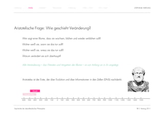 Einführung          Antike           Mittelalter       Renaissance      Aufklärung         1800 – 1950       1950 – heute                                STEPHANIE HARTUNG




Aristotelische Frage: Wie geschieht Veränderung?

             Wer sagt einer Blume, dass sie wachsen, blühen und wieder verblühen soll?

             Woher weiß sie, wann sie das tun soll?

             Woher weiß sie, wieso sie das tun soll?

             Warum verändert sie sich überhaupt?


             Alle Veränderung – das Werden und Vergehen der Blume – ist von Anfang an in ihr angelegt.




             Aristoteles ist der Erste, der über Evolution und über Informationen in den Zellen (DNS) nachdenkt.



                           Klassik

                Vorsokratiker


             -600   -500     -400    -300    -200   -100   -0   100   200   300      400   500   600   700   800   900      1000   1100   1200   1300   1400   1500




Geschichte der abendländischen Philosophie                                                                                                                 © S. Hartung 2011
 