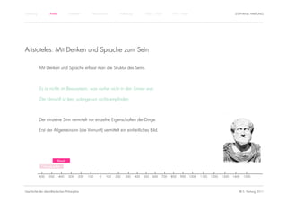 Einführung          Antike           Mittelalter       Renaissance      Aufklärung         1800 – 1950       1950 – heute                                STEPHANIE HARTUNG




Aristoteles: Mit Denken und Sprache zum Sein

             Mit Denken und Sprache erfasst man die Struktur des Seins.



             Es ist nichts im Bewusstsein, was vorher nicht in den Sinnen war.

             Die Vernunft ist leer, solange wir nichts empfinden.



             Der einzelne Sinn vermittelt nur einzelne Eigenschaften der Dinge.

             Erst der Allgemeinsinn (die Vernunft) vermittelt ein einheitliches Bild.




                           Klassik

                Vorsokratiker


             -600   -500     -400    -300    -200   -100   -0   100   200   300      400   500   600   700   800   900      1000   1100   1200   1300   1400   1500




Geschichte der abendländischen Philosophie                                                                                                                 © S. Hartung 2011
 