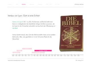 Einführung          Antike             Mittelalter           Renaissance        Aufklärung           1800 – 1950        1950 – heute                                STEPHANIE HARTUNG




Irenäus von Lyon: Gott ist eine Einheit

             Irenäus von Lyon (130 – ca.202, Kirchenvater und Bischof) stellt einen
             Kanon (= maßgebende Liste überlieferter heiliger Schriften) zusammen, der
             bis heute für die Christenheit verbindlich und das Buch der Offenbarung ist –
             die Bibel.



             Irenäus besteht darauf, dass Gott die Welt erschaffen habe und sie seitdem
             beherrsche. Alles, was geschehen ist, ist ein Teil seines Planes für die
             Menschheit.




                                               Hellenismus

                             Klassik                                               Patrologie / Patristik

                Vorsokratiker                                               Spätantike


             -600   -500     -400      -300    -200   -100       -0   100   200     300      400    500     600   700   800   900      1000   1100   1200   1300   1400   1500




Geschichte der abendländischen Philosophie                                                                                                                            © S. Hartung 2011
 