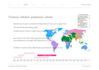Einführung          Antike             Mittelalter           Renaissance        Aufklärung           1800 – 1950        1950 – heute                                STEPHANIE HARTUNG




Christentum: katholisch, protestantisch, orthodox

             Monotheismus: Es gibt nur einen Gott als Wesensheinheit: Vater, Sohn, heiliger Geist.

             Gott liebt die Menschen bedingungslos.

             Die Befreiung von Sünden ist möglich (durch die Kirche).



             Jesus Christus ist der Sohn Gottes (ganz Gott, ganz Mensch),
             seine Auferstehung ist der Beginn des Gottesreiches auf Erden.



             Die Bibel ist das Wort Gottes. Menschliche Vernunft dient der Hingabe an Gott.


                                               Hellenismus

                             Klassik                                               Patrologie / Patristik

                Vorsokratiker                                               Spätantike


             -600   -500     -400      -300    -200   -100       -0   100   200     300      400    500     600   700   800   900      1000   1100   1200   1300   1400   1500




Geschichte der abendländischen Philosophie                                                                                                                            © S. Hartung 2011
 