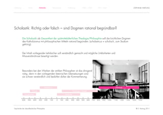 Einführung          Antike             Mittelalter           Renaissance        Aufklärung             1800 – 1950        1950 – heute                                STEPHANIE HARTUNG




Scholastik: Richtig oder falsch – sind Dogmen rational begründbar?

             Die Scholastik als Gesamtheit der spätmittelalterlichen Theologie/Philosophie will die kirchlichen Dogmen
             des Katholizismus mit philosophischen Mitteln rational begründen. (scholasticus = schulisch, zum Studium
             gehörig).


             Der Inhalt vorliegender Lehrbücher soll verständlich gemacht und mögliche Unklarheiten und
             Missverständnisse beseitigt werden.




             Besonders bei den Werken der antiken Philosophen ist das dringend
             nötig, denn in den vorliegenden lateinischen Übersetzungen sind
             sie schwer verständlich und bedürfen daher der Kommentierung.



                                               Hellenismus                                                                                       Scholastik

                             Klassik                                                     Patrologie / Patristik

                Vorsokratiker                                               Spätantike


             -600   -500     -400      -300    -200   -100       -0   100   200     300       400     500     600   700   800   900      1000   1100   1200   1300   1400   1500




Geschichte der abendländischen Philosophie                                                                                                                              © S. Hartung 2011
 