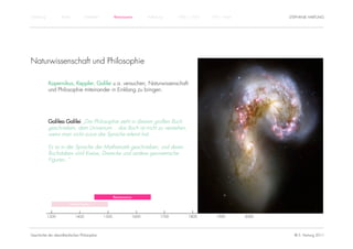 Einführung          Antike          Mittelalter          Renaissance          Aufklärung     1800 – 1950   1950 – heute          STEPHANIE HARTUNG




Naturwissenschaft und Philosophie

             Kopernikus, Keppler, Galilei u.a. versuchen, Naturwissenschaft
             und Philosophie miteinander in Einklang zu bringen.




             Galileo Galilei „Die Philosophie steht in diesem großen Buch
             geschrieben, dem Universum... das Buch ist nicht zu verstehen,
             wenn man nicht zuvor die Sprache erlernt hat..

             Es ist in der Sprache der Mathematik geschrieben, und deren
             Buchstaben sind Kreise, Dreiecke und andere geometrische
             Figuren..“




                                                         Renaissance

                         Humanismus


             1300            1400                 1500                 1600           1700        1800        1900        2000




Geschichte der abendländischen Philosophie                                                                                         © S. Hartung 2011
 