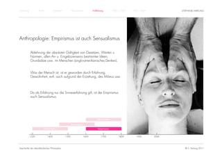 Einführung          Antike          Mittelalter          Renaissance          Aufklärung          1800 – 1950   1950 – heute          STEPHANIE HARTUNG




Anthropologie: Empirismus ist auch Sensualismus

             Ablehnung der absoluten Gültigkeit von Gesetzen, Werten u.
             Normen, allen An- u. Eingeborenseins bestimmter Ideen,
             Grundsätze usw. im Menschen (anglo-amerikanisches Denken).


             Was der Mensch ist, ist er geworden durch Erfahrung,
             Gewohnheit, evtl. auch aufgrund der Erziehung, des Milieus usw.



             Da als Erfahrung nur die Sinneserfahrung gilt, ist der Empirismus
             auch Sensualismus.




                                                                                  Rationalismus

                                                         Renaissance

                         Humanismus                                                Empirismus


             1300            1400                 1500                 1600          1700              1800        1900        2000




Geschichte der abendländischen Philosophie                                                                                              © S. Hartung 2011
 