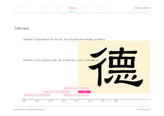 Einführung          Antike          Mittelalter          Renaissance          Aufklärung          1800 – 1950   1950 – heute          STEPHANIE HARTUNG
                                                                              KANT




Sittlichkeit

              Sittlichkeit ist das Moment der Vernunft, das auf praktisches Handeln gerichtet ist.




              Sittlichkeit ist eine regulative Idee, die im Menschen a priori vorhanden ist.




                                                                                  Rationalismus

                                                         Renaissance                              Kant

                         Humanismus                                                Empirismus


             1300            1400                 1500                 1600          1700                1800      1900        2000




Geschichte der abendländischen Philosophie                                                                                              © S. Hartung 2011
 