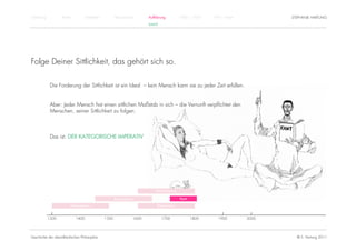 Einführung          Antike          Mittelalter          Renaissance          Aufklärung          1800 – 1950   1950 – heute          STEPHANIE HARTUNG
                                                                              KANT




Folge Deiner Sittlichkeit, das gehört sich so.

              Die Forderung der Sittlichkeit ist ein Ideal – kein Mensch kann sie zu jeder Zeit erfüllen.


              Aber: Jeder Mensch hat einen sittlichen Maßstab in sich – die Vernunft verpflichtet den
              Menschen, seiner Sittlichkeit zu folgen.



              Das ist: DER KATEGORISCHE IMPERATIV




                                                                                  Rationalismus

                                                         Renaissance                              Kant

                         Humanismus                                                Empirismus


             1300            1400                 1500                 1600          1700                1800      1900        2000




Geschichte der abendländischen Philosophie                                                                                              © S. Hartung 2011
 