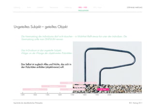 Einführung          Antike          Mittelalter          Renaissance          Aufklärung          1800 – 1950         1950 – heute                    STEPHANIE HARTUNG
                                                                                                  FRIEDLAENDER




Ungeteiltes Subjekt – geteiltes Objekt

             Die Vereinzelung des Individuums darf nicht täuschen – in Wahrheit fließt etwas fort unter den Individuen. Die
             Vereinzelung sollte man DIVIDUUM nennen.



             Das In-Dividuum ist das ungeteilte Subjekt,
             Wäger an der Waage der objektivierten Polaritäten.



             Das Selbst ist zugleich Alles und Nichts, das sich in
             den Polaritäten entfalten (objektivieren) will.




                                                                                  Rationalismus                 19. Jhdt.

                                                         Renaissance                              Kant

                         Humanismus                                                Empirismus                                      20. Jhdt.


             1300            1400                 1500                 1600           1700               1800               1900               2000




Geschichte der abendländischen Philosophie                                                                                                              © S. Hartung 2011
 