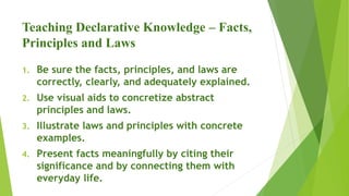Teaching Declarative Knowledge – Facts,
Principles and Laws
1. Be sure the facts, principles, and laws are
correctly, clearly, and adequately explained.
2. Use visual aids to concretize abstract
principles and laws.
3. Illustrate laws and principles with concrete
examples.
4. Present facts meaningfully by citing their
significance and by connecting them with
everyday life.
 