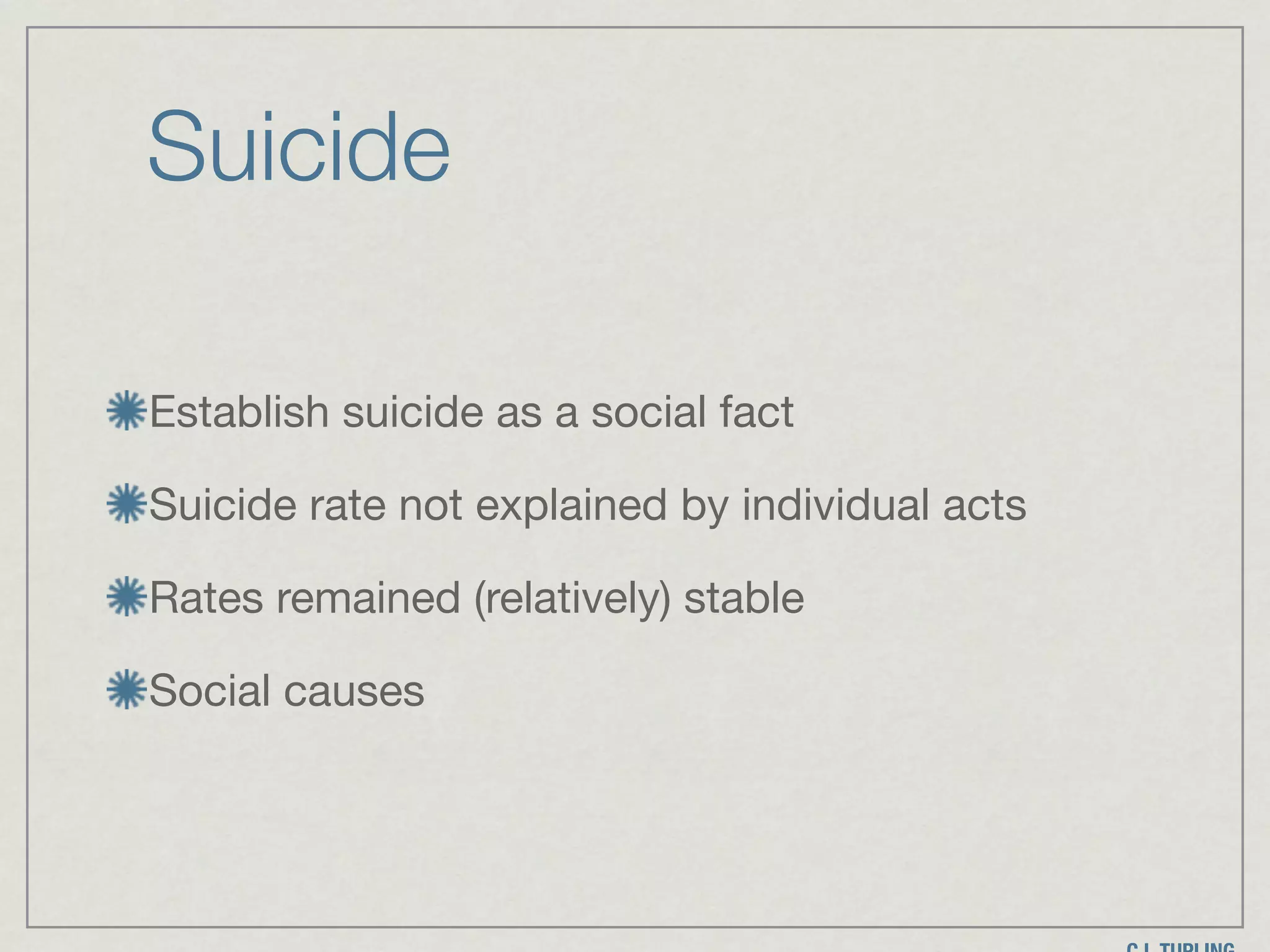 Suicide
Establish suicide as a social fact

Suicide rate not explained by individual acts

Rates remained (relatively) stable

Social causes
 