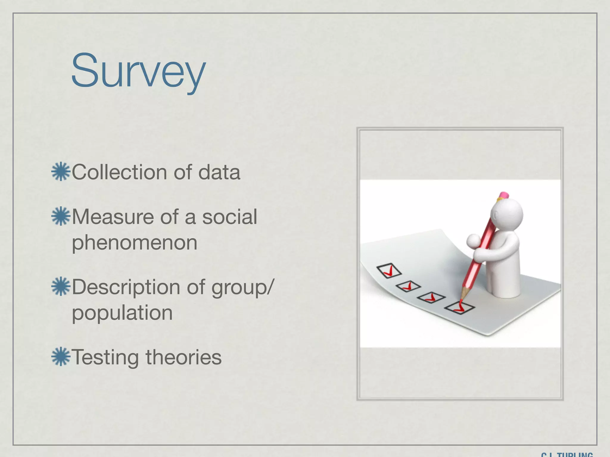 Survey
Collection of data

Measure of a social
phenomenon

Description of group/
population

Testing theories
 