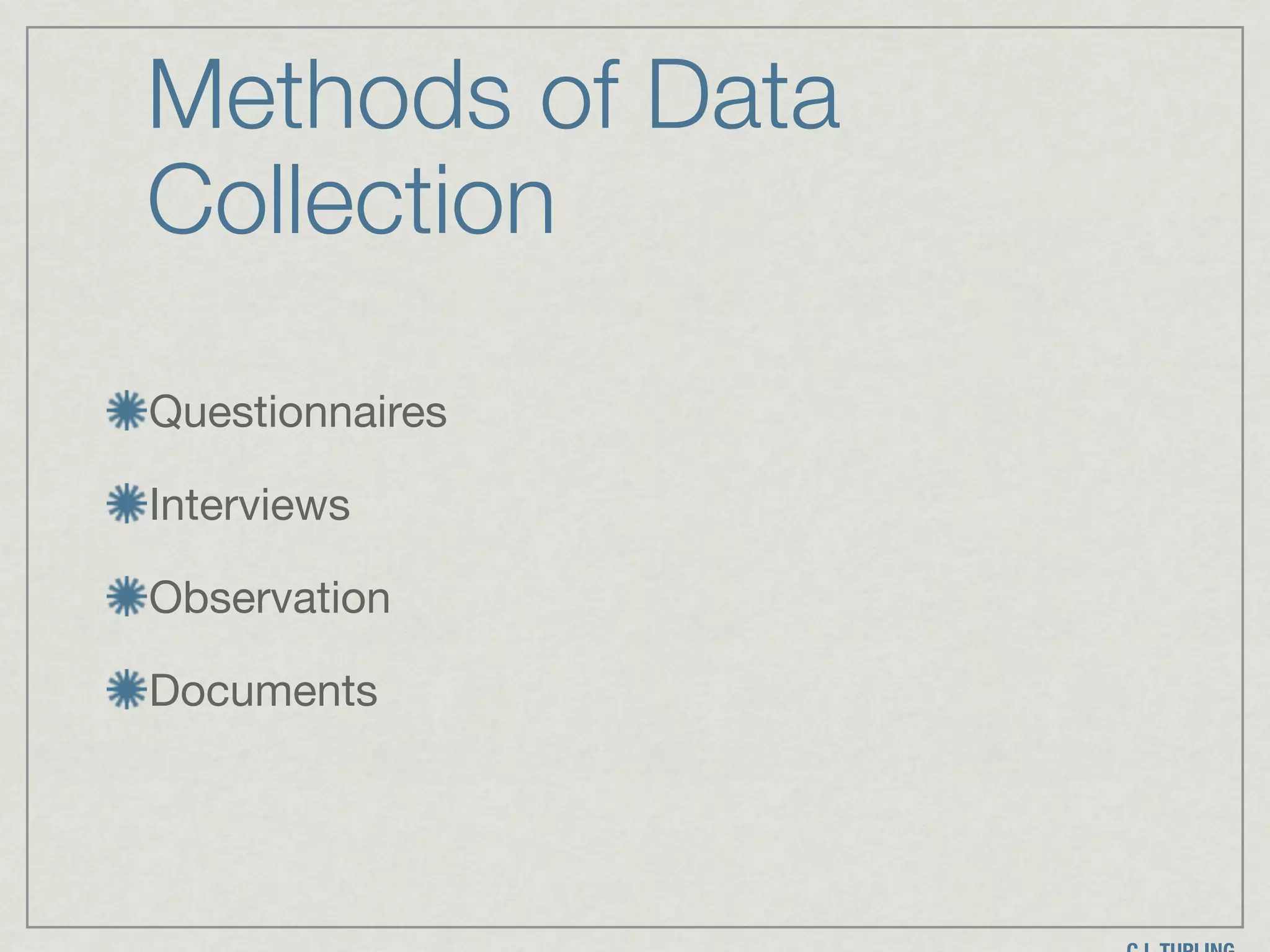 Methods of Data
Collection
Questionnaires

Interviews

Observation

Documents
 