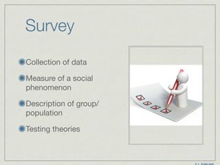 Survey
Collection of data

Measure of a social
phenomenon

Description of group/
population

Testing theories
 