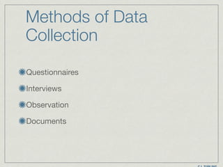 Methods of Data
Collection
Questionnaires

Interviews

Observation

Documents
 