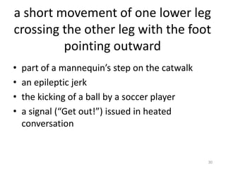 a short movement of one lower leg
crossing the other leg with the foot
pointing outward
•
•
•
•

part of a mannequin’s step on the catwalk
an epileptic jerk
the kicking of a ball by a soccer player
a signal (“Get out!”) issued in heated
conversation

30

 