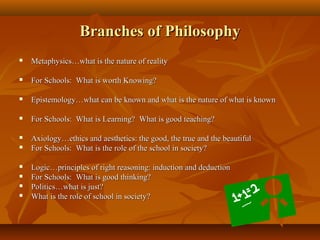 Branches of PhilosophyBranches of Philosophy
 Metaphysics…what is the nature of realityMetaphysics…what is the nature of reality
 For Schools: What is worth Knowing?For Schools: What is worth Knowing?
 Epistemology…what can be known and what is the nature of what is knownEpistemology…what can be known and what is the nature of what is known
 For Schools: What is Learning? What is good teaching?For Schools: What is Learning? What is good teaching?
 Axiology…ethics and aesthetics: the good, the true and the beautifulAxiology…ethics and aesthetics: the good, the true and the beautiful
 For Schools: What is the role of the school in society?For Schools: What is the role of the school in society?
 Logic…principles of right reasoning: induction and deductionLogic…principles of right reasoning: induction and deduction
 For Schools: What is good thinking?For Schools: What is good thinking?
 Politics…what is just?Politics…what is just?
 What is the role of school in society?What is the role of school in society?
 