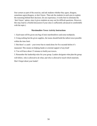   50	
  
four corners as part of the exercise, and ask students whether they agree, disagree,
sometimes agree/disagree, or don’t know. Then ask the students in each area to explain
the reasoning behind their decision. (In our experience, it works best to eliminate the
‘don’t know’ option, since it gives students an easy out for difficult questions. However,
this may lead to a fruitful discussion if your class is sufficiently advanced or comfortable
with the topic.)
Marshmallow Tower Activity Instructions
1. Each team will be given one bag of mini marshmallows and some toothpicks.
2. Using nothing but the given supplies, the teams should build the tallest tower possible
within the time limit.
3. But there’s a catch – your tower has to stand alone for five seconds before it’s
measured. This means no helping hands or external support of any kind!
4. You will have about 15 minutes to build your towers.
5. Remember the leadership rules for your group. Leaders designate what plan the group
will follow, who is allowed to do what, and who is allowed to touch which materials.
Don’t forget about your leader!
 