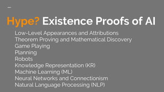 Hype? Existence Proofs of AI
Low-Level Appearances and Attributions
Theorem Proving and Mathematical Discovery
Game Playin...
