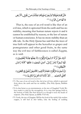 The Philosophy of the Teachings of Islam 129
173
That is, the case of an evil word is like that of an
evil tree, which is uprooted from the earth and has no
stability; meaning that human nature rejects it and it
cannot be established by reason, or the law of nature
or human conscience. It has no more stability than an
idle tale. As the Holy Quran has said that the trees of
true faith will appear in the hereafter as grapes and
pomegranates and other good fruits, in the same
way the evil tree of faithlessness is called Zaqqum,
as is said:
174
175
…
173. The case of an evil word is like that of an evil tree, which is uprooted
from above the earth and has no stability. (The Holy Quran, Ibrahim
14:27)
174. Is that better as an entertainment, or the tree of Zaqqum? Verily We
have made it a trial for the wrongdoers. It is a tree that springs forth in
the bottom of Hell; The fruit thereof is as though it were the heads of
serpents. (The Holy Quran, as-Saffat 37:63-66)
175. Verily, the tree of Zaqqum. Will be the food of the sinful, Like molten
copper, it will boil in their bellies, Like the boiling of scalding
 
