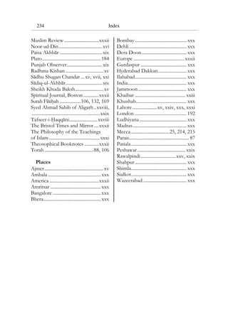 234 Index
Muslim Review .............................xxxii
Noor-ud-Din.....................................xvi
Paisa Akhbar ....................................xix
Plato..................................................184
Punjab Observer..............................xix
Radhma Kishan ................................ xv
Sadhu Shugan Chandar ...xv, xvii, xxi
Sadiq-ul-Akhbar...............................xix
Sheikh Khuda Baksh........................ xv
Spiritual Journal, Boston.............xxxii
Surah Fatihah ..................106, 132, 169
Syed Ahmad Sahib of Aligarh..xxviii,
..........................................................xxix
Tafseer-i-Haqqani........................xxviii
The Bristol Times and Mirror....xxxii
The Philosophy of the Teachings
of Islam ...........................................xxxi
Theosophical Booknotes ............xxxii
Torah ..........................................88, 106
Places
Ajmer.................................................. xv
Ambala .............................................xxx
America..........................................xxxii
Amritsar ...........................................xxx
Bangalore .........................................xxx
Bhera.................................................xxx
Bombay............................................ xxx
Dehli................................................. xxx
Dera Doon ...................................... xxx
Europe ........................................... xxxii
Gurdaspur ....................................... xxx
Hyderabad Dakkan........................ xxx
Ilahabad............................................ xxx
India.................................................. xxx
Jammoon ......................................... xxx
Khaibar ........................................... xxiii
Khushab........................................... xxx
Lahore.....................xv, xxiv, xxx, xxxi
London ............................................ 192
Ludhiyana........................................ xxx
Madras.............................................. xxx
Mecca ................................25, 214, 215
Paran................................................... 87
Patiala............................................... xxx
Peshawar......................................... xxix
Rawalpindi..............................xxv, xxix
Shahpur............................................ xxx
Shimla............................................... xxx
Sialkot............................................... xxx
Wazeerabad..................................... xxx
 
