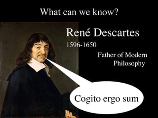 What can we know?	


      René Descartes	

      1596-1650	

       	

 	

 	

Father of Modern
           	

 	

     	

Philosophy	





         Cogito ergo sum	

 