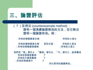 三、論證評估
　（７）反例法 (counterexample method) ：
證明一個演繹論證無效的方法，但它無法
證明一個論證有效。例：
　
　 所有的榕樹都是生物　　　　　　　　　　所有的Ａ是Ｂ　　　　
　
　 所有的植物都是生物　　其形式是：　　　所有的Ｃ是Ｂ
∴ 所有的榕樹都是植物　　　　　　　　　∴所有的Ａ是Ｃ
　 我們用「馬」替代Ａ，「動物」替代Ｂ，「牛」替代Ｃ，結果變成
　　　 所有的馬都是動物　　　Ｔ
　　　 所有的牛都是動物　　　Ｔ
　　 ∴所有的馬都是牛　　　　Ｆ
所以原來的論證無效。
 