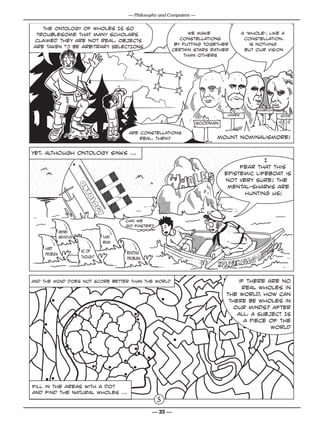 — Philosophy and Computers —

   THE ONTOLOGY OF wholes IS so
 troublesome that many scholars                                       we make             a ‘whole’, like a
claimed they are not real, OBJECTS                                constellations           constellation,
                                                                by putting together          is nothing
are TAKEN TO BE arbitrary SELECTIONS
                                                               certain stars rather        but our vision
                                                                    than others




                                                                                                GOMBRICH
                                                                                  JAMES                    QUINE

                                                                        Goodman

                                              Are constellations
                                                  real, then?                  mount nominalismore!

yet, ALthough ontology sinks ...
                                                                                               I
                                                                                       fear that this
                                                                                  epistemic lifeboat is
                                                                                  not very sure! the
                          on




                                                                                   mental-sharks are
                                                                                        hunting us!
                           to
                               lo
                                gy




                                             can we
                                             go faster?
              repre-
              sentation              third
                                     reign
    HARD
                          NC of              BINDING
    PROBLEM
                          thought            problem



AND THE MIND DOES NOT SCORE BETTER THAN THE WORLD                                     if there are no
                                                                                       real wholes in
                                                                                  the world, how can
                                                                                   THERE BE wholes in
                                                                                     our minds? after
                                                                                      all, A SUBJECT IS
                                                                                        a piece of the
                                                                                                 world




fill in the areas with a dot
and find the natural wholes ...
                                                          5
                                                       — 35 —
 