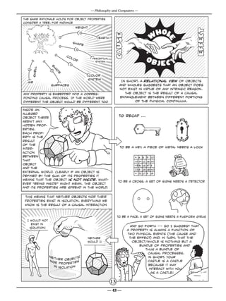 — Philosophy and Computers —

the same rationale holds for object properties
consider a tree, for instance
                                 weight


                                               earth
                             shap
                                   e


                        co
                            lo              perceptual
                              r               system
                 sh
     smell




                   ad
                    e




                                          color
                                          system
  air                                                           IN short, a relational view of objects
                 surfaces                                      and wholes suggests that an object does
                                                               not exist in virtue of any intrinsic reason.
any property is embedded into a corres-                           The object is the result of a causal
ponding causal process. If the world were                      entanglement between different portions
different the object would be different too                            of the physical continuum.

inside an
alleged
object there                                                   to recap ...
aren’t any
hidden prop-
erties.
each prop-
erty is the
result
of the
inter-                                                         to be a key, a piece of metal needs a lock
action
between                                                                 4 6 5   9 10
                                                                                                    E
that                                                                                            PRIM
                                                                        12 14 11 16 20          N UMBE
                                                                                                         R

object                                                                  43 31 13 37 3            d etect
                                                                                                        or


and the                                                                 21 8 23 18 40
external world. Clearly if an object is                                 4 22 17 5 15
defined by the sum of its properties it
means that the object is not inside, what-
                                                              to be a cross, a set of signs needs a detector
ever “being inside” might mean. The object
and its properties are spread in the world.

 this means that neither objects nor their
 properties exist in isolation. Everything we
 know is the result of a causal interaction


                                                              to be a face, a set of signs needs a fusiform gyrus
  I would not
     exist in
    isolation!
                                                                     And so forth --- so I suggest that
                                                                   a property is always a function of
                                                                   two physical events (the cause and
                                       neither                      the effect) and, in turn, that the
                                       would I!                       object/whole is nothing but a
                                                                          bundle of properties and
                                                                             thus a bundle of
                                                                              causal processes.
                                                                              in short, Your
                                                                              castle is a castle
                                                                              because it may
                                                                               interact with you
                                                                                as a castle!

                                                         13
                                                     — 43 —
 