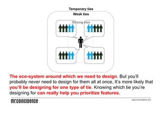Temporary ties
                                Weak ties

                               Strong ties




The eco-system around which we need to design. But you’ll
probably never need to design for them all at once, It’s more likely that
you’ll be designing for one type of tie. Knowing which tie you’re
designing for can really help you prioritize features.
                                                              www.mrcoincidence.com
 